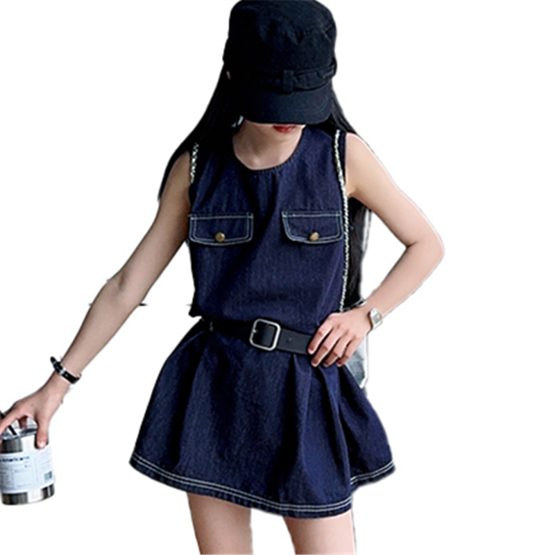 Vintage Fashion Girl - สไตล์เด็กแฟชั่น DENIM ชุดบอดี้สูทสําหรับสาววินเทจสีน้ําเงินเข้มกางเกงยีนส์กระโปรงเข็มขัดเด็กอินเทรนด์ Streetwear ชุด 5-14Y