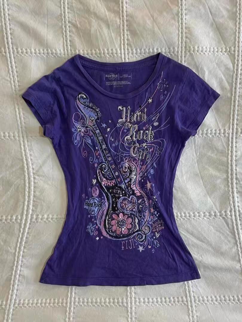 Vintage Fashion Subculture - เสื้อยืดวินเทจลายพิมพ์สีม่วงสำหรับผู้หญิง สไตล์ Y2K อเมริกันเรโทร ทรงเข้ารูป ลำลอง