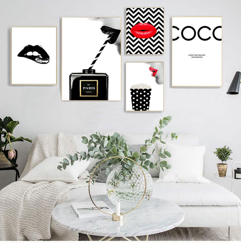 Vintage Fashion Prints For Wall - โปสเตอร์พิมพ์ภาพวาดผ้าใบ Vintage สีดําน้ําหอมภาพผนังสําหรับห้องนั่งเล่นแฟชั่น Art Couture ริมฝีปากสีแดงตกแต่งบ้าน