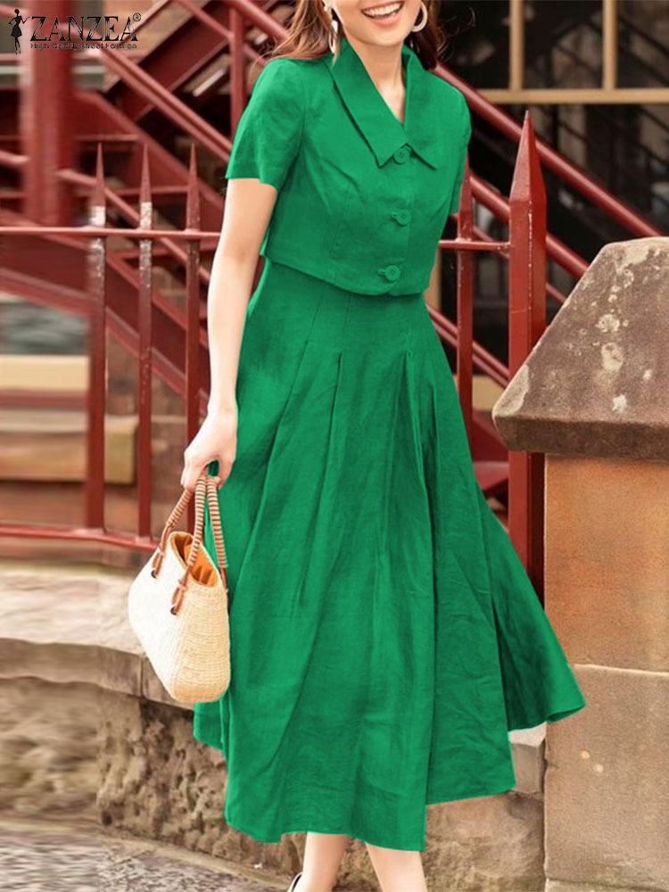 Vintage Fashion Fabrics - Zanzea 2024สองชิ้นสำหรับผู้หญิง, ชุดเข้าชุดกันฤดูร้อนชุดสำนักงานแขนสั้นชุดเดรสสีพื้นลำลอง