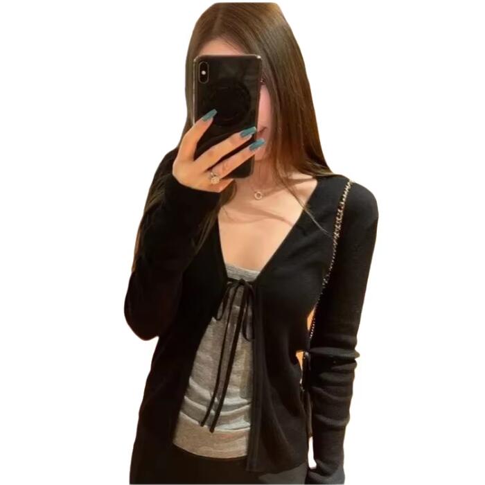 Crop Cardigan Vintage - เสื้อคาร์ดิแกนถักแขนยาวบางสำหรับผู้หญิง แฟชั่นวินเทจสำหรับฤดูใบไม้ผลิและฤดูใบไม้ร่วง เสื้อแจ็คเก็ตผูกเชือกสไตล์ลำลองสำหรับสุภาพสตรี
