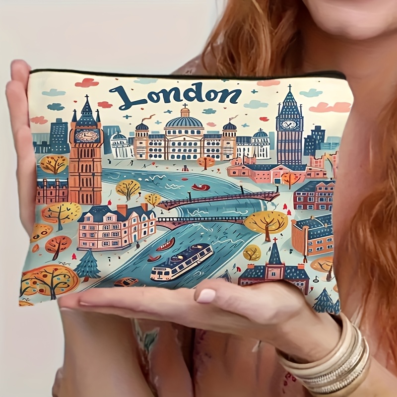 Vintage Fashion London - กระเป๋าใส่เครื่องสำอางสำหรับเดินทางธีมลอนดอนขนาดใหญ่สำหรับผู้หญิง ลายสถานที่สำคัญของอังกฤษแบบวินเทจ พร้อมลายบิ๊กเบนและพระราชวังบักกิงแฮม