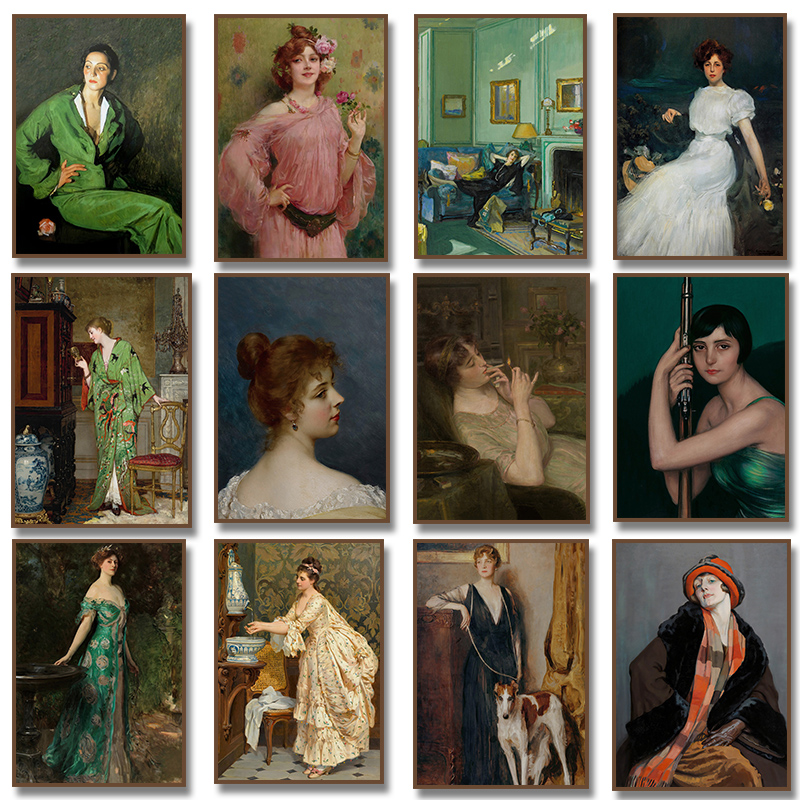 Vintage Fashion Prints For Wall - ภาพพิมพ์ผ้าใบสไตล์วินเทจ ภาพวาดผู้หญิงยุคเรอเนซองส์ กำลังสูบบุหรี่ งานศิลปะตกแต่งผนังห้องนั่งเล่น ของตกแต่งบ้าน