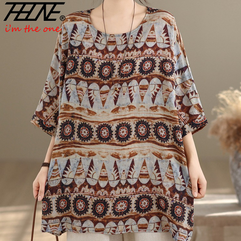 Vintage Fashion Fabrics - เสื้อผู้หญิงไซส์ใหญ่ THHONE แฟชั่นฤดูร้อน ผ้าฝ้ายลินิน สไตล์ลำลอง พิมพ์ลายต่อผ้า