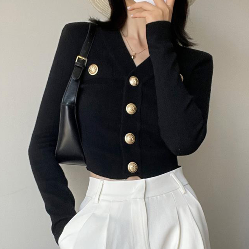 Crop Cardigan Vintage - ปุ่มทองด้านหน้าถักเสื้อสเวตเตอร์ถักผู้หญิงแขนยาวเสื้อกันหนาวเสื้อติดตั้งวัยรุ่น-สาวฤดูใบไม้ร่วงฤดูหนาว Vintage 90s ชุด
