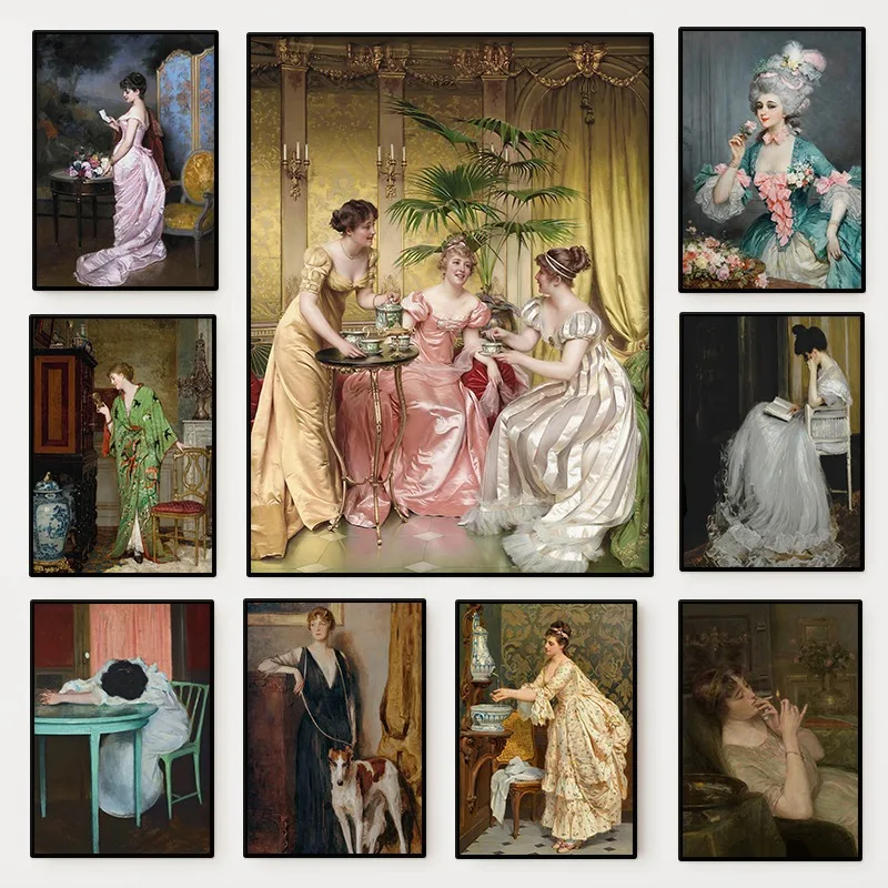 Vintage Fashion Prints For Wall - เรอเนซองส์ผู้หญิงภาพโปสเตอร์วินเทจวิคตอเรียนผู้หญิงภาพวาดผ้าใบแฟชั่นศิลปะบนกำแพงห้องนั่งเล่นตกแต่งบ้านภาพจิตรกรรมฝาผนัง