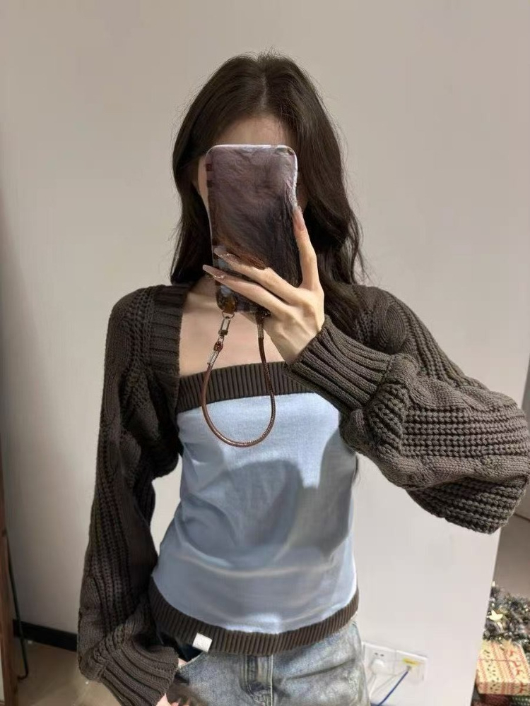 Crop Cardigan Vintage - ชุดเซ็ตสองชิ้นสไตล์ Y2K เสื้อคาร์ดิแกนถักแบบครอปสำหรับผู้หญิง ​ เสื้อกั๊กทรงเข้ารูปแบบแพทช์เวิร์คสีตัดกัน สไตล์วินเทจกรันจ์สำหรับฤดูใบไม้ผลิ
