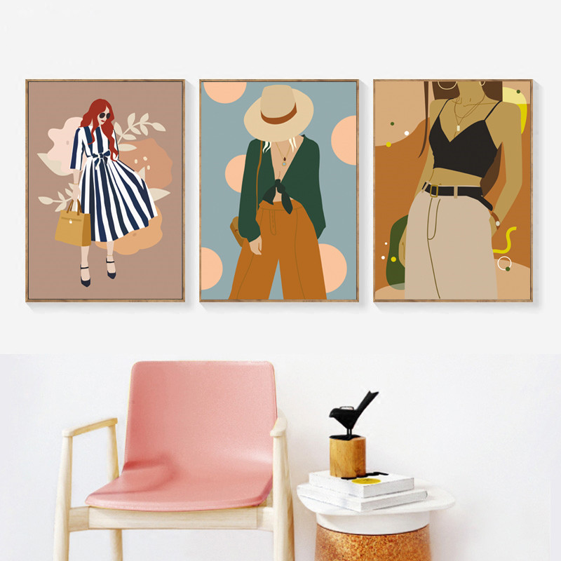Vintage Fashion Prints For Wall - สาววินเทจแฟชั่นบทคัดย่อภาพวาดผ้าใบ Nordic โปสเตอร์และพิมพ์ Minimalist Art ภาพผนังสําหรับห้องนั่งเล่น