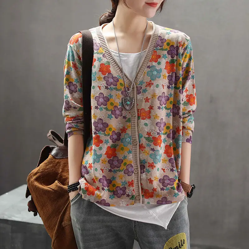Crop Cardigan Vintage - เสื้อคลุมไหมพรมสไตล์วินเทจ แขนยาว คอวี ลายดอกไม้ สำหรับผู้หญิง ใส่สบายๆ