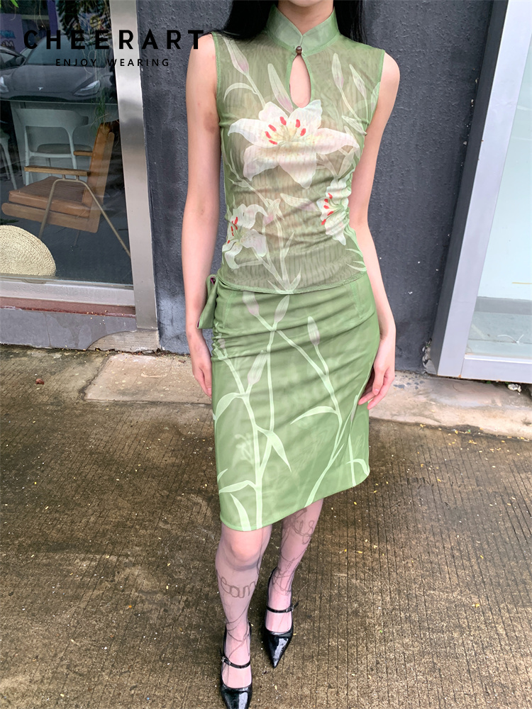 Vintage Fashion Fabrics - Cheerart ชุดสองชิ้นสำหรับผู้หญิงชุดฤดูร้อนที่สง่างามชุดเสื้อและกระโปรงวินเทจ2024สีเขียวลายดอกลิลลี่