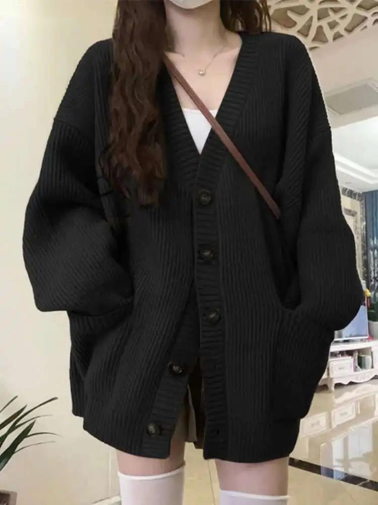 Crop Cardigan Vintage - หลวมเสื้อสเวตเตอร์ถักผู้หญิงแขนยาว V คอถักสีดํา Slouchy All-Match หญิงฤดูใบไม้ร่วงฤดูหนาวเสื้อเกาหลี