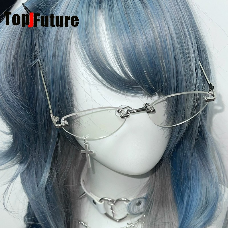 Vintage Fashion Subculture - Y2K สาว ๆ สไตล์อัลเทอร์เนทีฟ แว่นตาไร้กรอบสไตล์มินิมอล จี้รูปกางเขนโลหะ