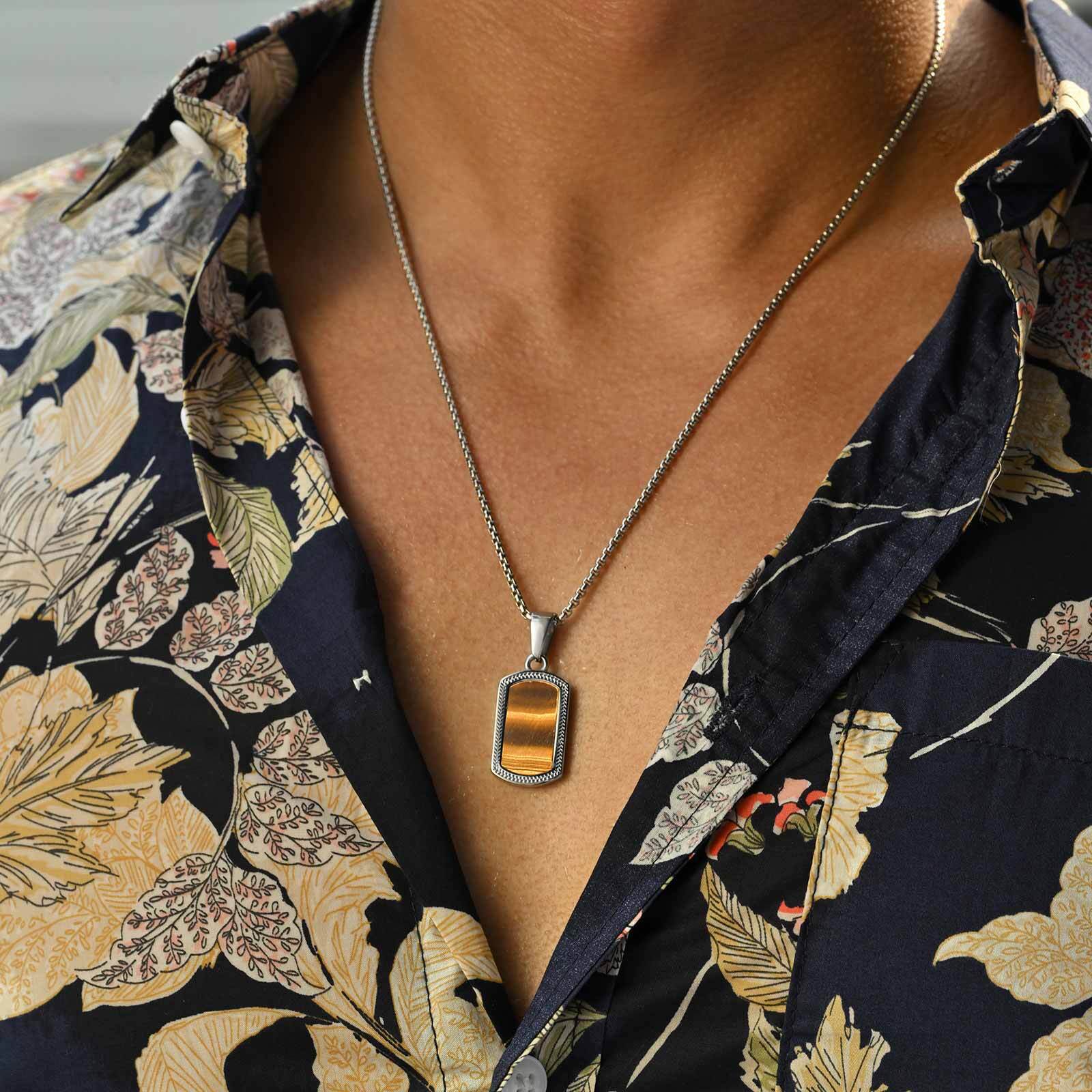 Vintage Fashion Labels - สร้อยคอจี้หินตาเสือสแตนเลส Vnox สำหรับผู้ชาย สร้อยคอทรงสี่เหลี่ยมแบบวินเทจ ป้องกันการแพ้ พร้อมจี้แบบ