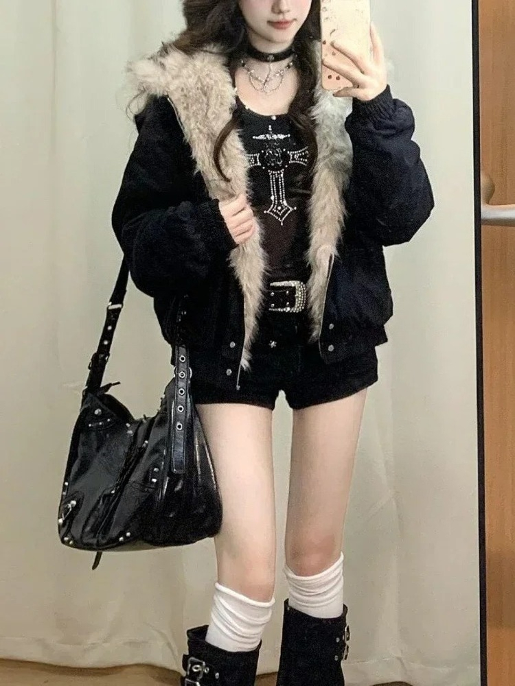 เสื้อฮู้ดดี้ซิปสีดำสไตล์โกธิคว - Vintage Fashion Subculture บทวิจารณ์และราคา
