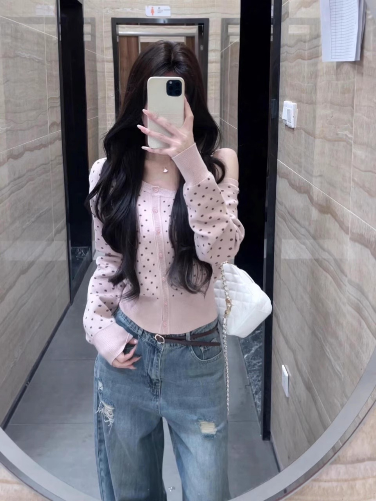 เสื้อคาร์ดิแกนลายจุด คอเฉียง ส - Crop Cardigan Vintage บทวิจารณ์และราคา
