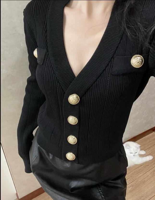 ปุ่มทองด้านหน้าถักเสื้อสเวตเตอ - Crop Cardigan Vintage บทวิจารณ์และราคา
