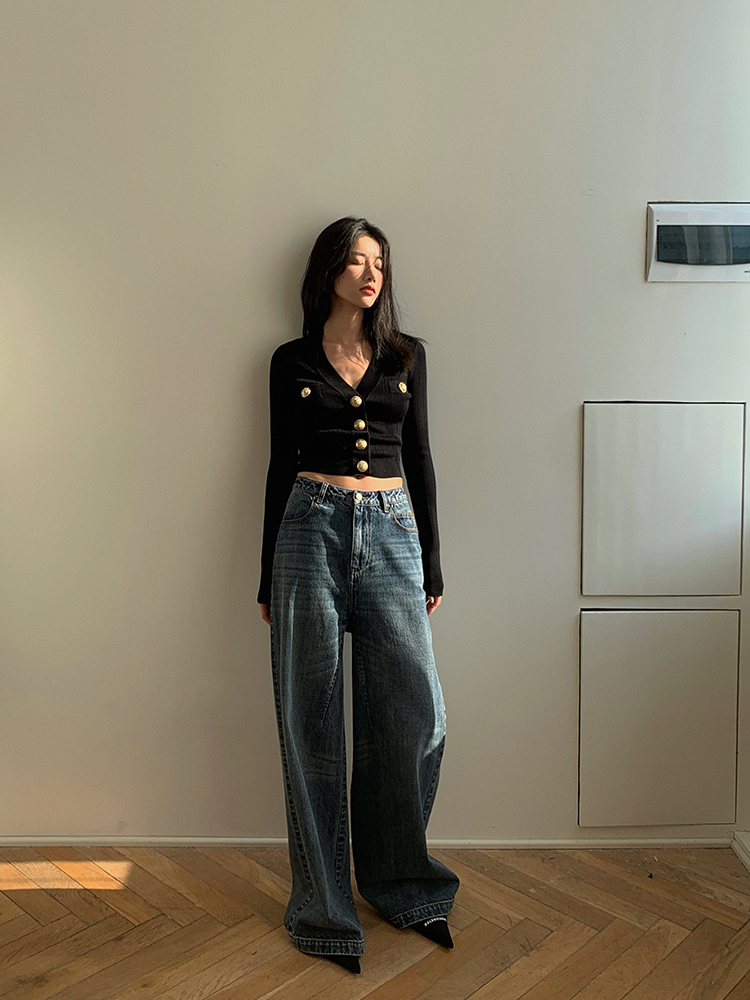 ปุ่มทองด้านหน้าถักเสื้อสเวตเตอ - Crop Cardigan Vintage บทวิจารณ์และราคา