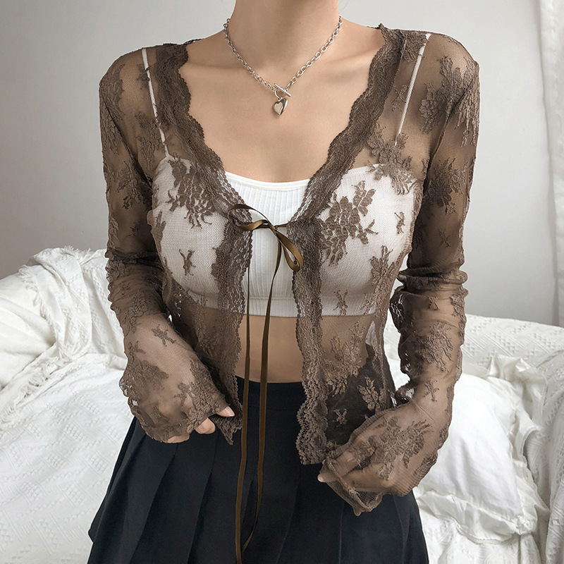 ผู้หญิงดูผ่านลูกไม้ตาข่าย Shru - Crop Cardigan Vintage บทวิจารณ์และราคา